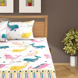 Bajo's White & Blue Graphic 250 TC Fitted King Cotton Bedsheet with 2 Pillow Covers-image-23