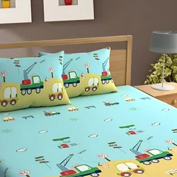 Bajo's Blue & Yellow Printed Cotton 250 TC Fitted King Bedsheet with 2 Pillow Covers-image-69