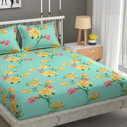 Bajo's Green Floral Printed 250 TC Cotton FittedKing Bedsheet with 2 Pillow Covers-image-68