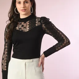 BAESD Self Design High Neck Puff Sleeve Lace Up Top-image-48