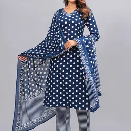 KALINI Polka Dot Printed Regular Pure Cotton Kurta With Trousers & Dupatta image 2