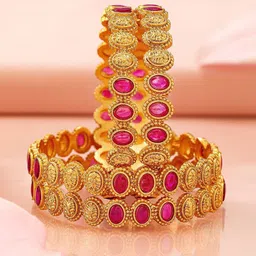 Rubans Set of 4, 22K Gold-Plated Ruby Pink Stone & Filigree Design Traditional Bangles-9