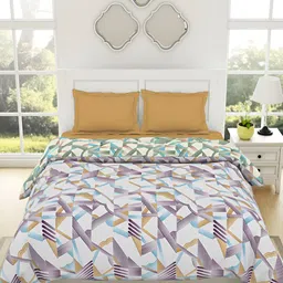 SPACES Geospace White & Purple Printed Pure Cotton AC Room 150 GSM Double Bed Quilt-61