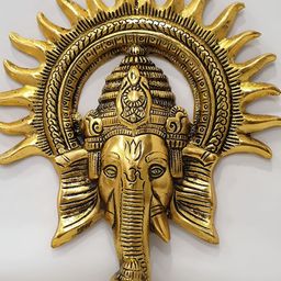 ANSHIKA INTERNATIONAL Beige Ganesha Idol With Surya Chakra Metal Hanging Wall Mask-image-3