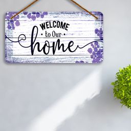 SAF White & Purple Welcome To Our Home Printed Wooden Wall Hanging With Zardoori String-image-36