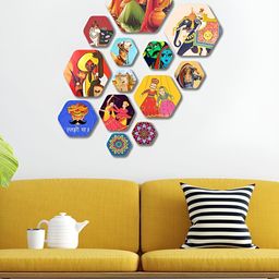 ArtVibes Orange & Blue 13 Pieces Printed Designer Wooden Wall Hanging-image-6