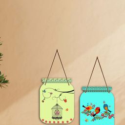 SAF Yellow & Blue 2 Pieces Bird & Cage Design Jar Shape Wooden Wall Hangings With Strings-image-89