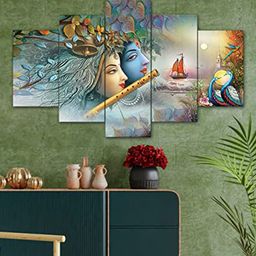 Perpetual 5 Pcs Blue & Green Radha Krishna Paintings Wall Art-19