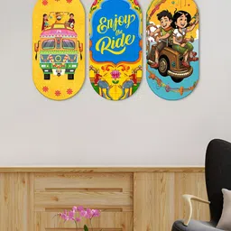 ArtVibes Yellow & Blue 3 Pieces Enjoy The Ride Quotes Print Wooden Wall Hangings-picture-58
