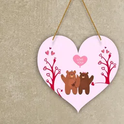 SAF Pink & Brown Love Couple Heart Design Wooden Wall Hanging With Zardoori String-image-81