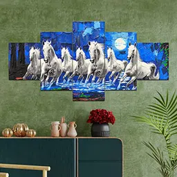 Perpetual Blue & White 5 Pieces 7 Horses Painting Wall Art-image-22
