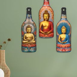 SAF Orange-Colored & Blue 3 Pieces Lord Buddha Bottle Shaped Wooden Wall Decors-16