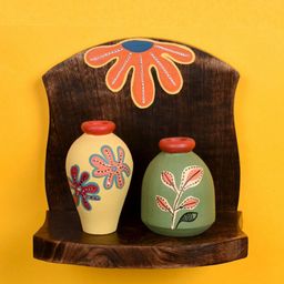 AAKRITI ART CREATIONS Brown & Orange Madhubani Art Wooden Shelf with 2 Pots-image-39