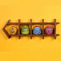 AAKRITI ART CREATIONS 5 Pcs Brown Wood Pocket Wall Shelf With Madhubani Pot-33