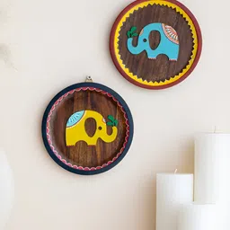 Mirai Woods Coffee Brown & Yellow 2 Pieces Wooden Hanging Wall Plates-image-28