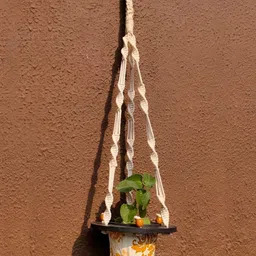 VAH Kya Bat Hai !! White & Brown Cotton Rope Flower Pot Holder-38