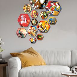 ArtVibes Red & Yellow 13 Pcs Printed Wooden Wall Hangings-image-0