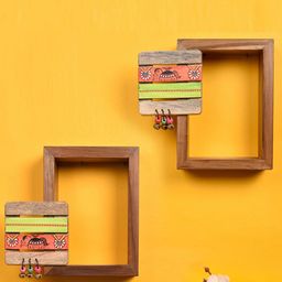 AAKRITI ART CREATIONS Set Of 2 Brown & Green Wood Basic Wall Shelves-39