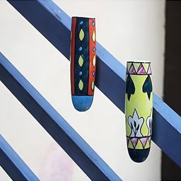 VAH Kya Bat Hai !! Yellow & Blue 2 Pcs Printed Ceramic Flower Pot Holder-49