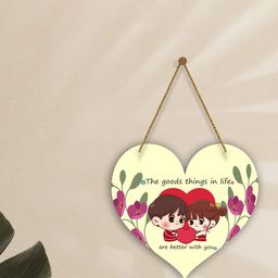 SAF Yellow & Pink Love Couple Printed Heart Shaped Wooden wall hanging With Zardoori-picture-35