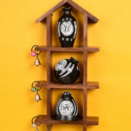 AAKRITI ART CREATIONS Brown & Black Wood Wall Shelf & 3 Warli Pots-48