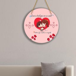 SAF Pink & Red Love Couple Printed Round Shaped Wall Hanging With Zardoori-picture-0
