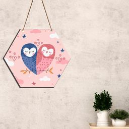 SAF Pink & Blue Love Couple Printed Hexagon Shaped Wooden wall hanging With Zardoori-picture-28