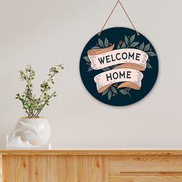 ArtVibes Blue & Peach-Coloured Welcome Home Painted Round Wooden Wall Hanging-image-59