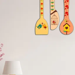 SAF 3-Pcs Yellow & Peach-Colored Birds Printed Spoon Shaped MDF Pine Wooden Wall Hangings-image-1