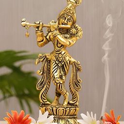 PRANJALS HOUSE Gold toned & Brown Textured Religious Metal Krishna Idol Showpiece-image-86