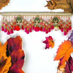 NARYA TRADITIONAL Green & Pink Wooden Lotus & Rose Flowers with Bells Door Decor Toran-0