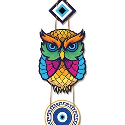 TECHEL Blue & Yellow Wooden Owl Evil Eye Wall Hanging-image-29