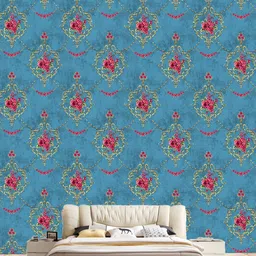 Jaamso Royals Blue & Red Damask Flower Design Self Adhesive Removable Wallpaper-12