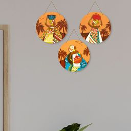 ArtVibes Yellow & Orange 3 Pieces African Warli Art Painted Wooden Wall Hangings-image-31