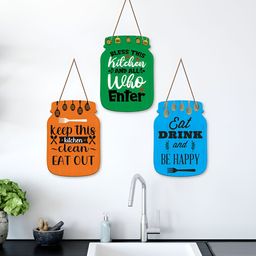 ArtVibes Green & Blue 3 Pieces Bless This Kitchen Quotes Printed Wooden Wall Hangings-13