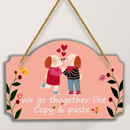 SAF Peach-Colored & Pink Love Couple Printed Wooden Wall Hanging With Zardoori-image-74