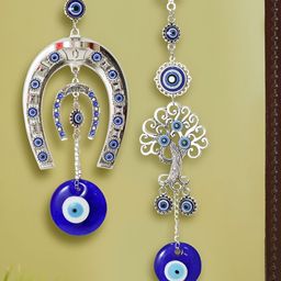 TIED RIBBONS Blue 2 Pcs Horse Shoe & Tree Of Life Evil Eye Wall Car Hangings-24