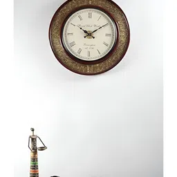 vedas C-Idika Heritage Brown & Cream Coloured Textured Wooden & Brass Wall Clock With Dial-image-88