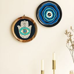 Mirai Woods 2- Pcs Blue & White Printed Wooden Wall Plate-36