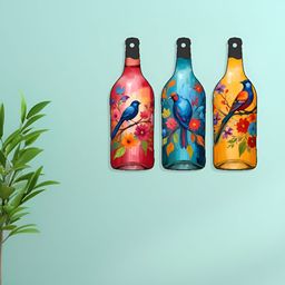 SAF Red & Blue 3 Pieces Bird Theme Bottle Shaped Wooden Wall Decors-7