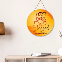 ArtVibes Yellow & Orange Blessed Home Quotes Painted Round Wooden Wall Hanging-image-58