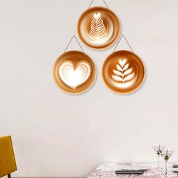 ArtVibes Coffee Brown & Beige 3 Pieces Coffee Latte Art Painted Wooden Wall Hangings-image-25