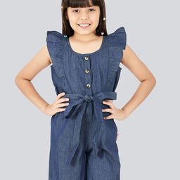 Olele Girls Ruffled Waist Tie-Ups Cotton Denim Playsuit-image-57