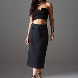 Miss Chase Straight-Fit High-Rise Stretchable Denim Side Slit Midi Skirt-picture-15