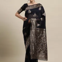 Saree mall Navy Blue & Gold-Toned Woven Design Zari Silk Blend Banarasi Sarees-image-93