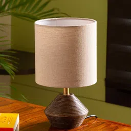ExclusiveLane Cream-Coloured & Brown Contemporary USP Handcrafted Wooden Table Lamp-20