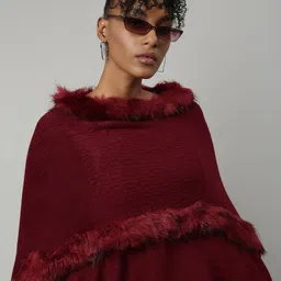 SHOWOFF Round Neck Long Sleeves Poncho with Fringed Detail-98