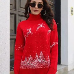 StyleCast Turtle Neck Printed Acrylic Pullover with Embroidered Detail-image-1