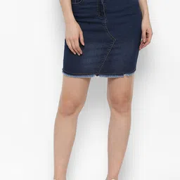 StyleStone Women Navy Blue Solid Denim Skirt-image-85