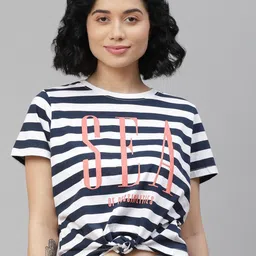 Mast  Harbour Women Navy Blue and White  Striped Tshirt with Knot Detail-image-17